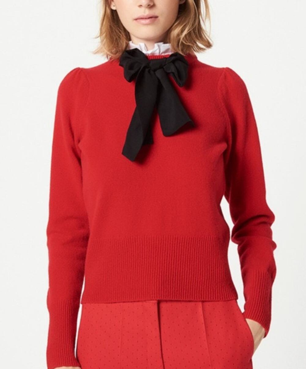 Sandro Paris Lezard Wool Bow Sweater Womens S Red Puff Sleeve Preppy Academia